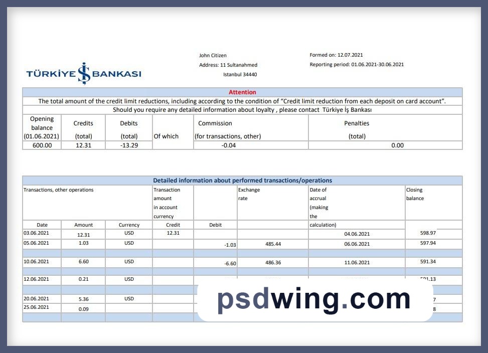 Turkey Bankasi Bank Statement (Excel)